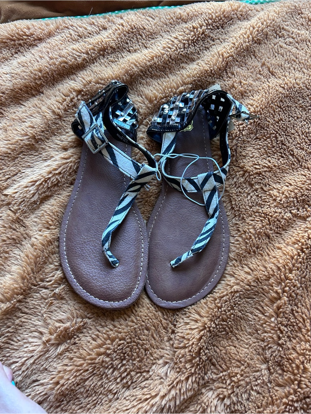 Women’s Brown Leather-Look Sandals with Black & White Straps